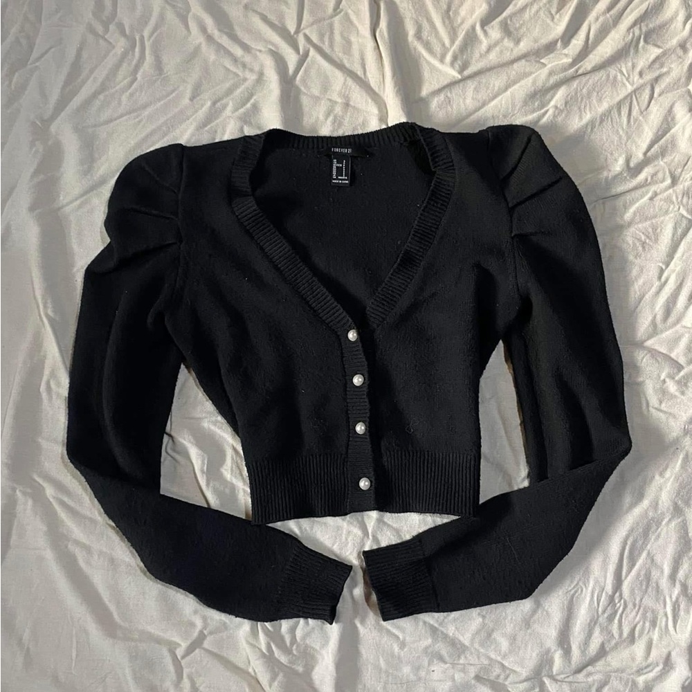 Black Cropped Cardigan with Button Detail